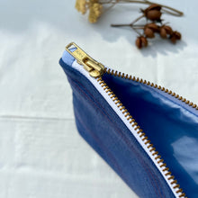 Load image into Gallery viewer, Blue indigo striped Pouch with zip. Cotton/Linen washbag. Zippered pouch. YKK zipper.
