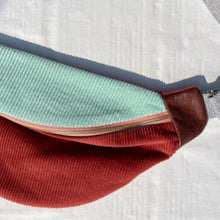 Load image into Gallery viewer, One-of-a-kind tote sling bag. Gorgeous mint green and rust cotton corduroy. Lined with a navy blue and burgundy striped cotton poplin fabric.
