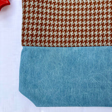 Load image into Gallery viewer, Tote bag. Luxurious grey and brown houndstooth patterned wool and blue cotton denim tote. Ex designer fabric.
