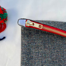 Load image into Gallery viewer, Grey and green textured Donegal wool pouch. Pouch with YKK zip. Zippered purse. Zippered pouch.
