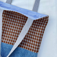 Load image into Gallery viewer, Tote bag. Brown and grey houndstooth wool and blue denim tote. Ex designer fabric.
