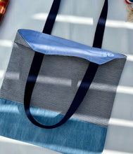 Load image into Gallery viewer, One of a kind bag. Tote Bag. Striped blue and white cotton denim with a dark blue denim bottom.
