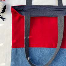Load image into Gallery viewer, Tote bag. Ex designer red wool and blue denim tote.
