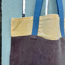 Load image into Gallery viewer, Tote bag. 100% linen tote bag. Stonewashed yellow and brown linen. Lined with an ex designer linen fabric.
