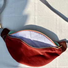 Load image into Gallery viewer, One-of-a-kind tote sling bag. Gorgeous mint green and rust cotton corduroy. Lined with a navy blue and burgundy striped cotton poplin fabric.
