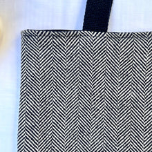 Load image into Gallery viewer, Tote bag. Navy blue and white herringbone wool fabric and blue denim tote. Ex designer fabric.
