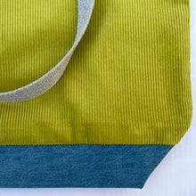 Load image into Gallery viewer, XL Tote bag. Lime green corduroy and blue cotton denim tote bag.
