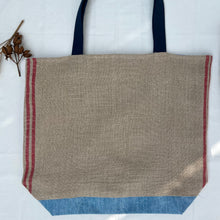 Load image into Gallery viewer, XL Tote Bag. Natural French linen fabric with raspberry red stripes and a light blue denim bottom.
