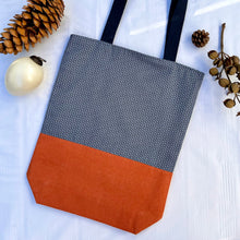 Load image into Gallery viewer, Tote bag. Vintage Japanese kimono fabric. Blue asanoha pattern. Orange cotton denim bottom.
