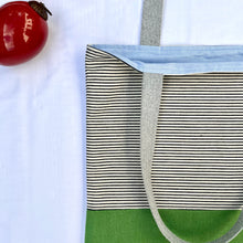 Load image into Gallery viewer, One of a kind bag. Tote Bag. Organic black and off white stripe cotton denim with a green denim bottom.
