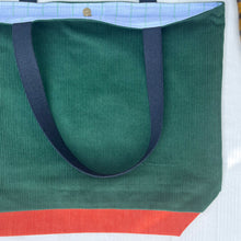 Load image into Gallery viewer, XL Tote bag. Pine green cotton corduroy and orange cotton denim tote bag.
