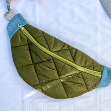 Load image into Gallery viewer, One-of-a-kind tote sling bag. Olive green woven quilt fabric, lined with a gorgeous blue and brown stripe cotton poplin ex-designer fabric.
