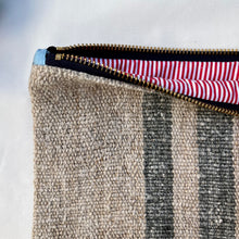 Load image into Gallery viewer, Green striped Grain sack fabric and light blue denim fabric pouch.  2-fabric pouch. Zippered purse. Zippered pouch. YKK metal zipper.
