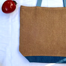 Load image into Gallery viewer, XL Tote Bag. Natural stonewashed brown French linen fabric and a blue cotton denim bottom.
