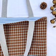 Load image into Gallery viewer, Tote bag. Luxurious grey and brown houndstooth patterned wool and blue cotton denim tote. Ex designer fabric.
