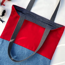 Load image into Gallery viewer, Tote bag. Ex designer red wool and blue denim tote.
