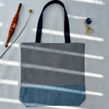 Load image into Gallery viewer, One of a kind bag. Tote Bag. Striped blue and white cotton denim with a dark blue denim bottom.
