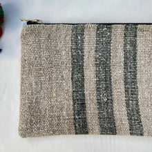 Load image into Gallery viewer, Green striped Grain sack fabric and light blue denim fabric pouch.  2-fabric pouch. Zippered purse. Zippered pouch. YKK metal zipper.
