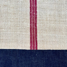 Load image into Gallery viewer, Tote bag. Vintage grain sack tote bag. Vertical burgundy stripe and indigo blue denim bottom.

