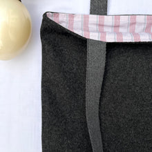 Load image into Gallery viewer, Tote bag. Luxurious grey tweed wool fabric and burgundy leather round bottom.
