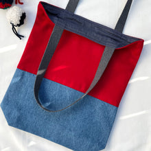 Load image into Gallery viewer, Tote bag. Ex designer red wool and blue denim tote.
