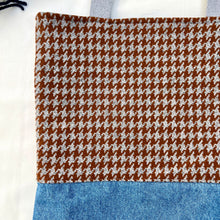 Load image into Gallery viewer, Tote bag. Brown and grey houndstooth wool and blue denim tote. Ex designer fabric.
