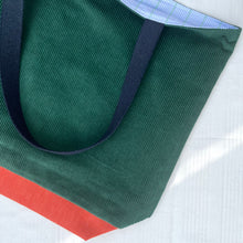 Load image into Gallery viewer, XL Tote bag. Pine green cotton corduroy and orange cotton denim tote bag.
