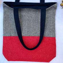 Load image into Gallery viewer, Tote bag. Navy blue and white herringbone wool fabric and blue denim tote. Ex designer fabric.
