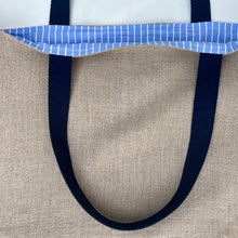 Load image into Gallery viewer, XL Tote Bag. Natural French linen fabric with raspberry red stripes and a light blue denim bottom.
