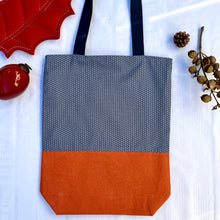 Load image into Gallery viewer, Tote bag. Vintage Japanese kimono fabric. Blue asanoha pattern. Orange cotton denim bottom.

