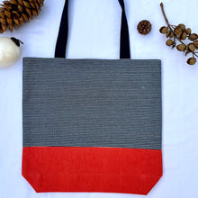Load image into Gallery viewer, One of a kind bag. Tote Bag. Navy blue and white stripe cotton denim with an organic orange cotton denim bottom.
