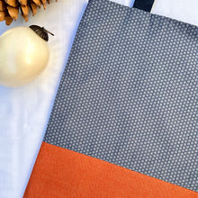 Load image into Gallery viewer, Tote bag. Vintage Japanese kimono fabric. Blue asanoha pattern. Orange cotton denim bottom.
