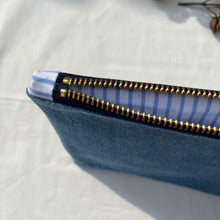 Load image into Gallery viewer, Gorgeous green quilted cotton and light blue cotton denim pouch. 2-fabric pouch with YKK zip. Zippered purse. Zippered pouch.
