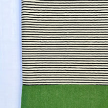 Load image into Gallery viewer, One of a kind bag. Tote Bag. Organic black and off white stripe cotton denim with a green denim bottom.
