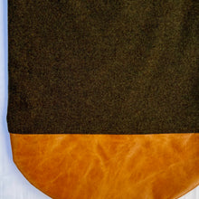 Load image into Gallery viewer, Tote bag. Luxurious dark olive green tweed wool fabric and saddle brown leather round bottom.
