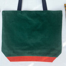 Load image into Gallery viewer, XL Tote bag. Pine green cotton corduroy and orange cotton denim tote bag.
