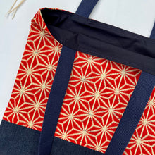 Load image into Gallery viewer, Tote bag. Vintage Japanese kimono fabric with a blue indigo denim bottom.
