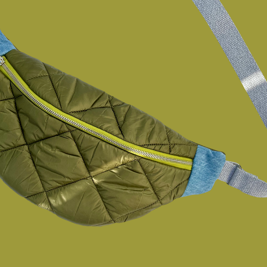 One-of-a-kind tote sling bag. Olive green woven quilt fabric, lined with a gorgeous blue and brown stripe cotton poplin ex-designer fabric.