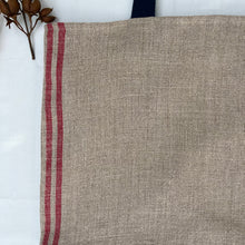 Load image into Gallery viewer, XL Tote Bag. Natural French linen fabric with raspberry red stripes and a light blue denim bottom.
