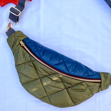 Load image into Gallery viewer, One-of-a-kind tote sling bag. Olive green and blue woven quilt fabric, lined with a gorgeous blue and brown stripe cotton poplin ex-designer fabric.
