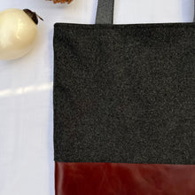 Load image into Gallery viewer, Tote bag. Luxurious grey tweed wool fabric and burgundy leather round bottom.

