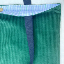 Load image into Gallery viewer, XL Tote bag. Pine green cotton corduroy and orange cotton denim tote bag.
