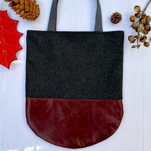 Load image into Gallery viewer, Tote bag. Luxurious grey tweed wool fabric and burgundy leather round bottom.
