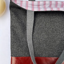 Load image into Gallery viewer, Tote bag. Luxurious grey tweed wool fabric and burgundy leather round bottom.
