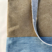 Load image into Gallery viewer, Tote bag. Light camel brown cotton canvas and stonewashed light blue denim tote.
