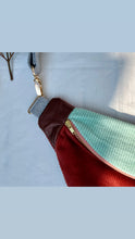 Load image into Gallery viewer, One-of-a-kind tote sling bag. Gorgeous mint green and rust cotton corduroy. Lined with a navy blue and burgundy striped cotton poplin fabric.

