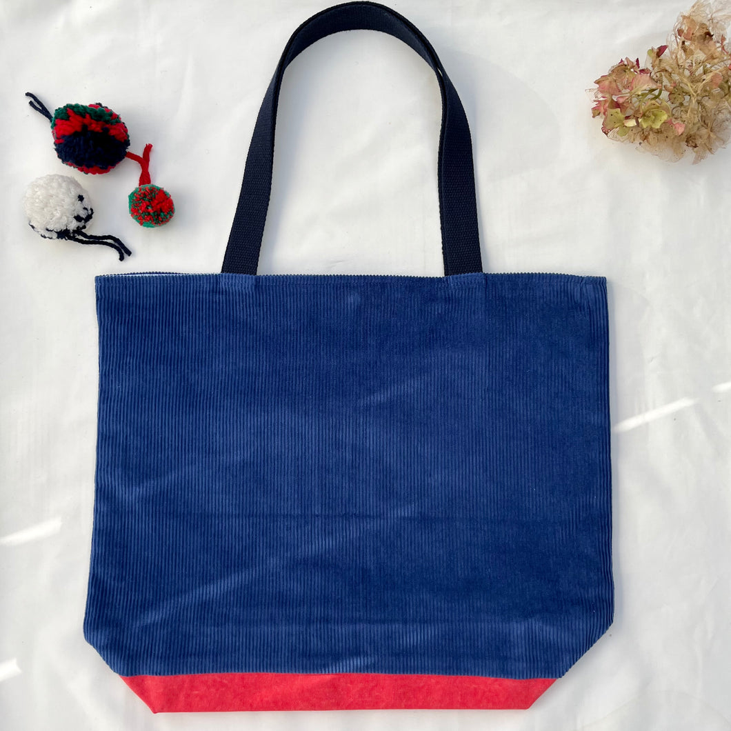 XL Tote bag. Blue cobalt corduroy and red cotton canvas tote bag.