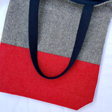 Load image into Gallery viewer, Tote bag. Navy blue and white herringbone wool fabric and blue denim tote. Ex designer fabric.
