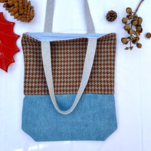 Load image into Gallery viewer, Tote bag. Luxurious grey and brown houndstooth patterned wool and blue cotton denim tote. Ex designer fabric.
