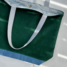 Load image into Gallery viewer, XL Tote bag. Bottle green cotton corduroy and blue cotton denim tote bag.
